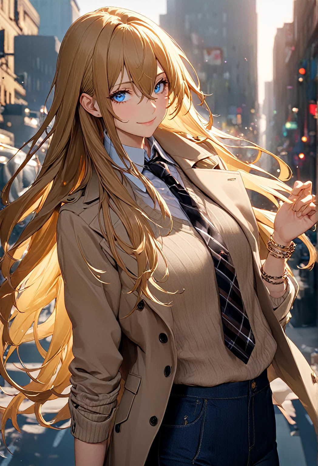 Long Hair, (blue eyes:1.3), Golden Hair, Hair between the eyes, smile,Mannish Fashion,
Long coat, Skinny pants, jewelry,Transparent black and brown vertical stripes , Striped, bracelet, Plaid, Plaid skirt, Striped necktie, Collared shirt, (Light brown sweater:1.2),
break downtown,sunlight,
break looking at viewer, (Cowboy Shot),
break (masterpiece:1.2), Highest quality, High resolution, unity 8k wallpaper, (figure:0.8), (Beautiful attention to detail:1.6), Highly detailed face, Perfect lighting, Highly detailed CG, (Perfect hands, Perfect Anatomy),(Five fingers)