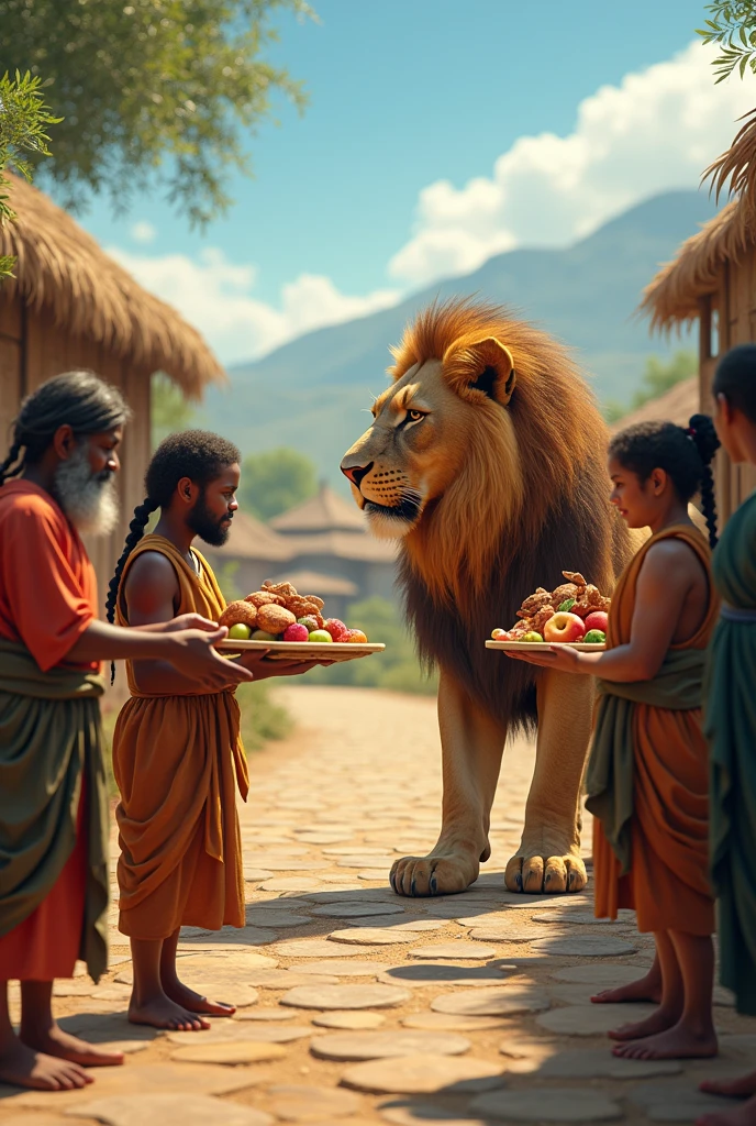 Sharing Food**: Villagers offering food to the lion, showcasing the moment of generosity and understanding.