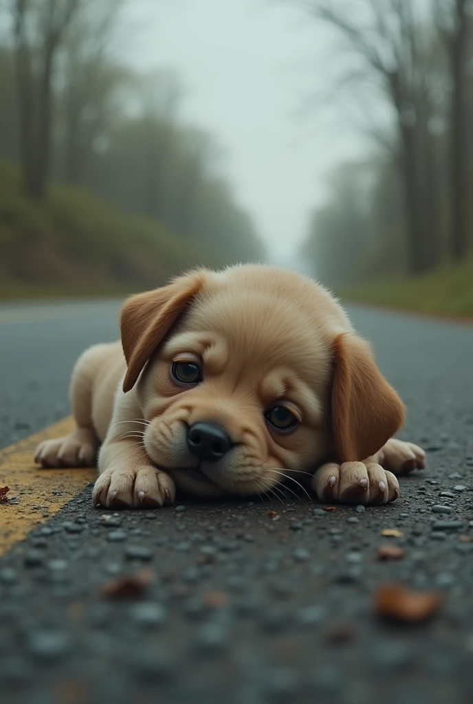 A small hurted puppy is lying on the side of the road