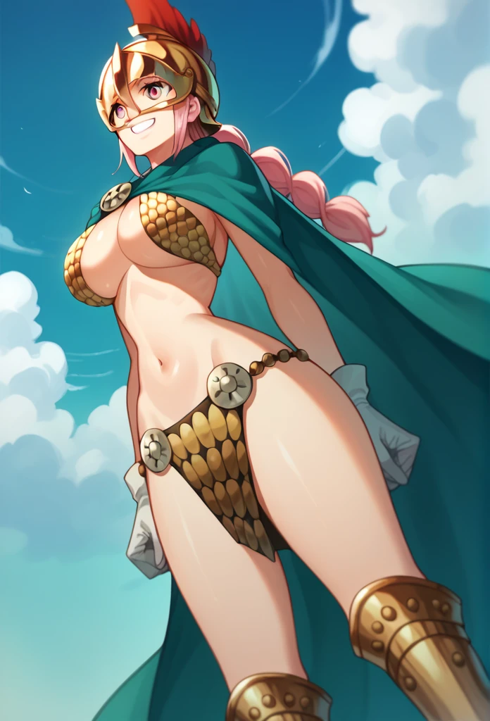 1girl, Solo, rebecca, anime style, breasts, bikini armor, pink hair, pink eyes, armor, cape, large breasts, braid, long hair, cleavage, gloves, navel, boots, shiny skin, helmet, From Behind, smile, From Below, cape wavering in fronts, cape infront, long cape 