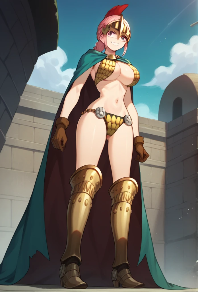 1girl, Solo, rebecca, anime style, breasts, bikini armor, pink hair, pink eyes, armor, cape, large breasts, braid, long hair, cleavage, gloves, navel, boots, shiny skin, helmet, From Behind, smile, From Below, cape wavering in fronts, cape infront, long cape