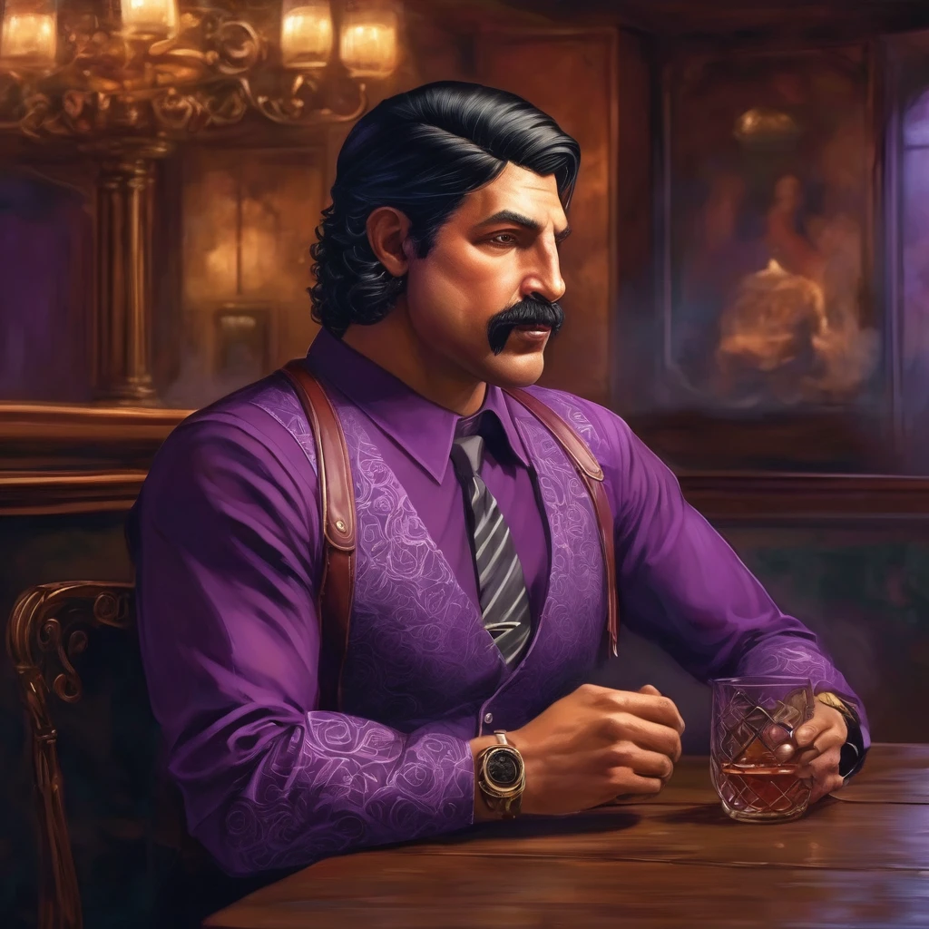 (obra maestra, Mejor calidad:1.2), 1 chico, thenahualli, serious, dangerous man, elegant, elegante, purple shirt, sit, having dinner, luxury restaurant, high class restaurant, indoor, Costa Rica, night, midnight, (((realistic, detailed, photorealistic)))