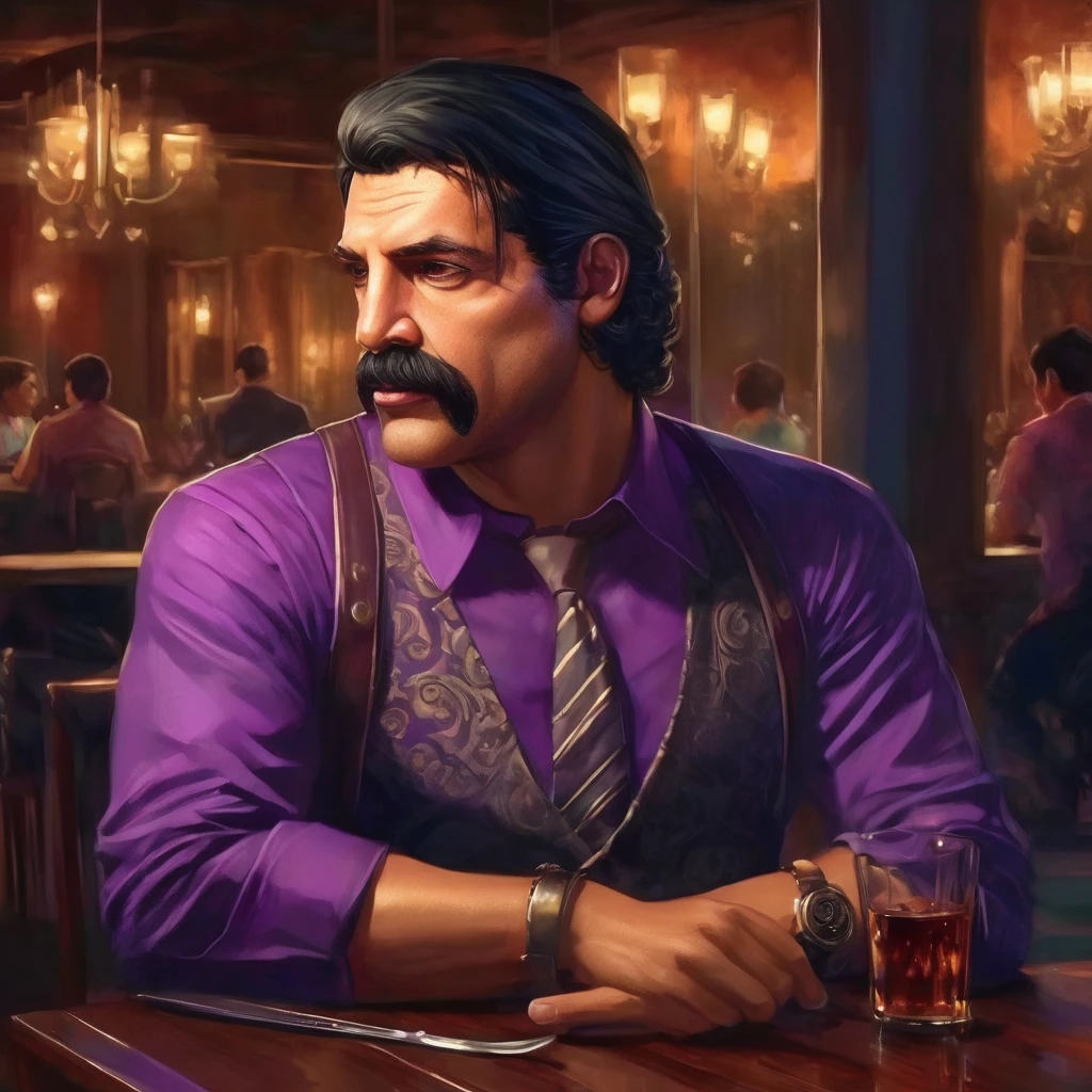 (obra maestra, Mejor calidad:1.2), 1 chico, thenahualli, serious, dangerous man, elegant, elegante, purple shirt, sit, having dinner, luxury restaurant, high class restaurant, indoor, Costa Rica, night, midnight, (((realistic, detailed, photorealistic)))