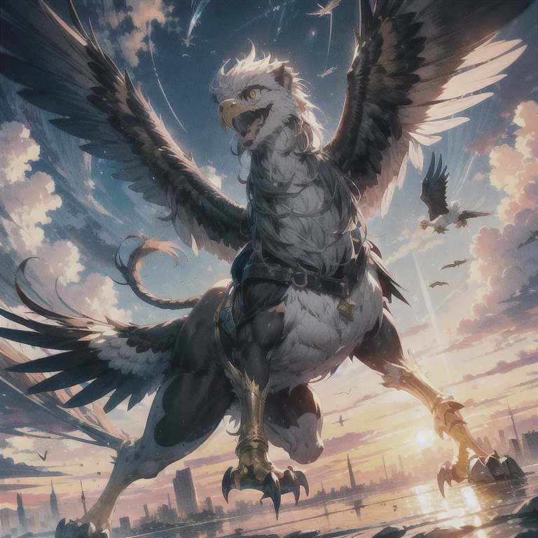 "A majestic griffon soaring through a sunset sky, its eagle head adorned with golden feathers and its lion body rippling with muscle. Rainbow prisms refract off its wings as it flies over a fantastical crystal city."
theme:Mythical splendor