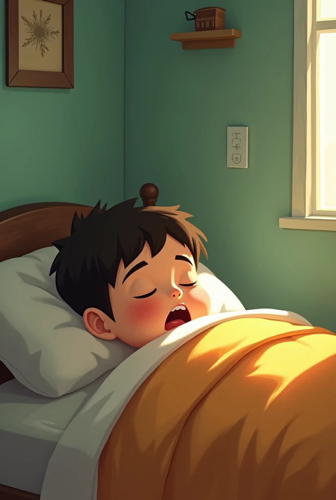 In a humble room with light green walls, a -year Venelan boy from the state of Guarico lies in his bed yawning.