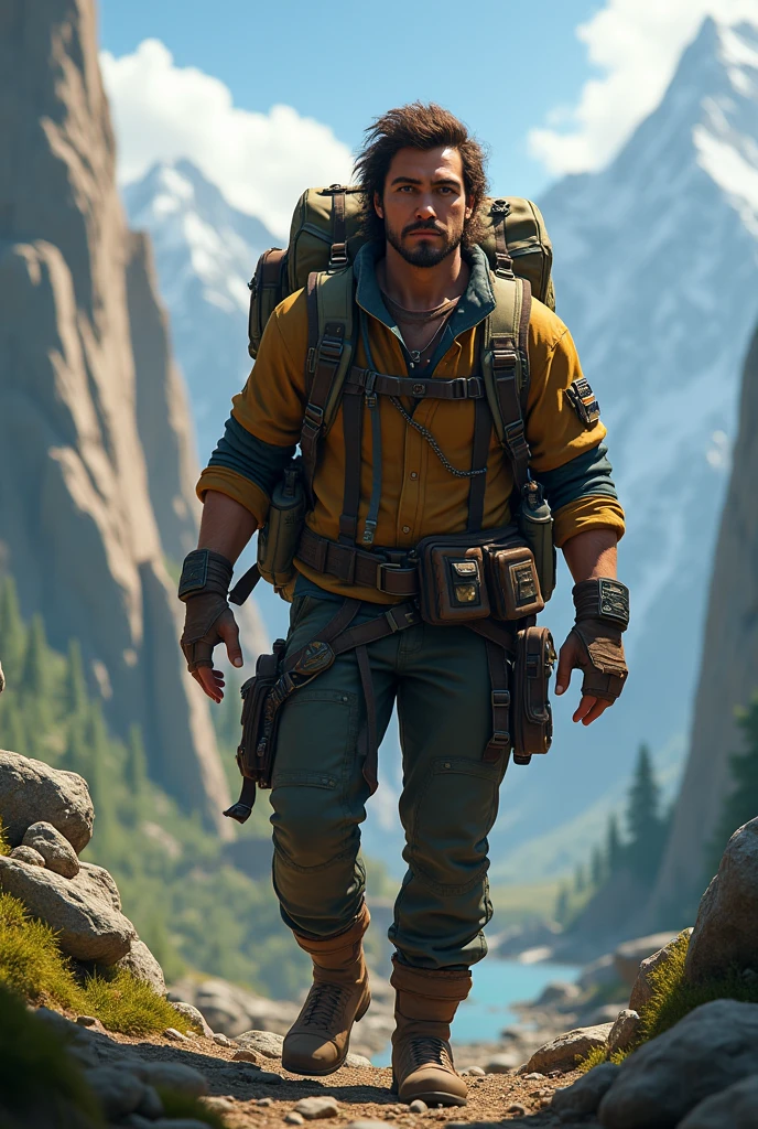 Video game character with backpack on his back
