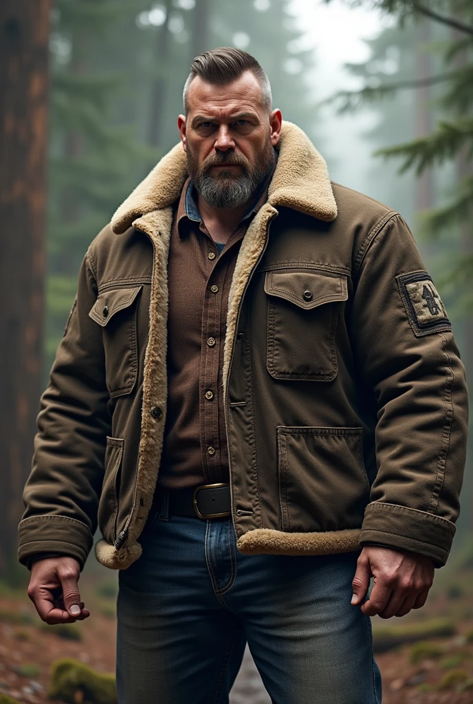 Tall Man, super short hair, lumberjack jacket with sheepskin, tall corpulent