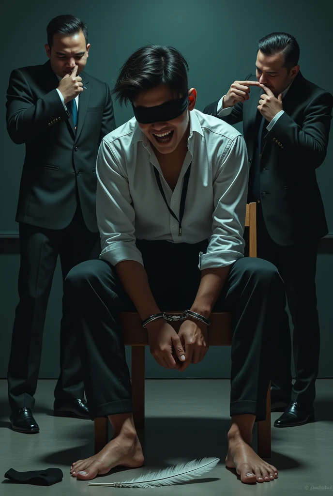 Handsome malay Zarul 22years lawyer
1 man Rub his feet
He laugh
Focus 5toefeet
Shoeless
Hand Handcuff wooden chair
blindfolded
feather on floor
Pair of Blacksock on floor
2 mafia pinch their nose