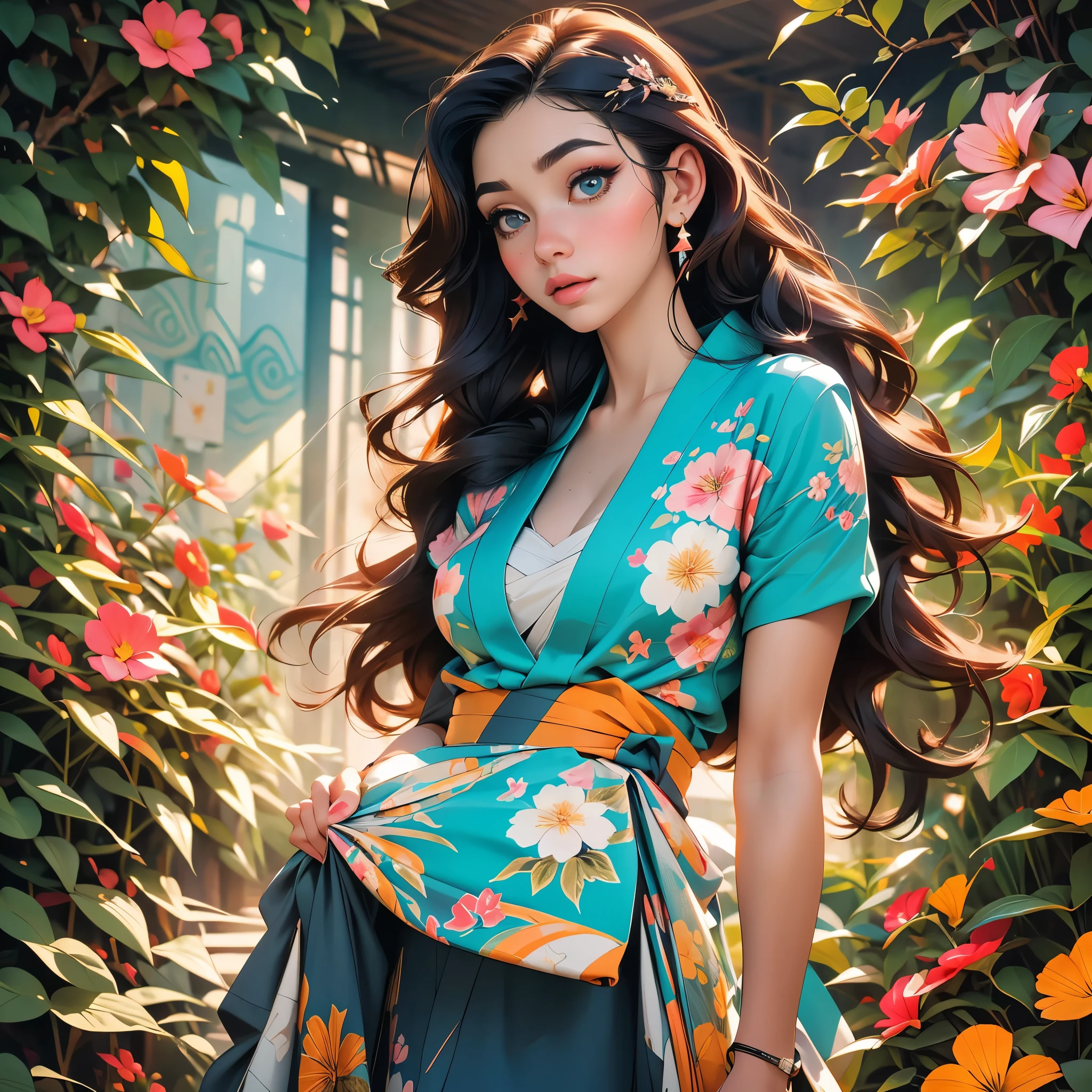 Half-body picture, better quality, work of art, Ultra high resolution, (realism: 1.4), original photo, (Realistic skin texture: 1.3), (Film texture: 1.3), (Selfie corner), 1 woman, Beautiful big eyes and facial details, long hair,In a kimono, charming, open shoulders, work of art, better quality, looking at the audience