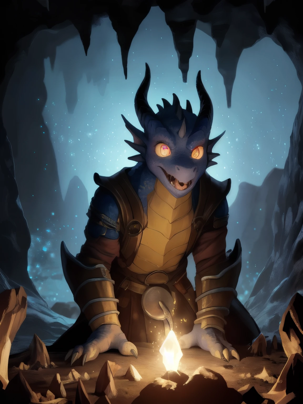 Solitary, male, adventurer, (male anthro dragon:1.3), (Body:1.1), Yellow Belly, (permanent:1.3), (Beast field:1.2), (cave:1.23), (Leather Armor), (excited:1.3), open mouth,  ,Delicate eyes, Dragon Tail, trumpet, (bust), (Delicate eyes), (indoors:1.35), crystal, torch, smokes, No need, (dark:1.4), (particle ,firefly, Blue glow:1.3), Detailed background, 8K HD, (dark shadows, Wide dynamic range, HDR, Low light:1.2), Pino Deheny, Carney announced, milkytiger1145, (only), [Dagasi, Yes], (((Delicate eyes)))