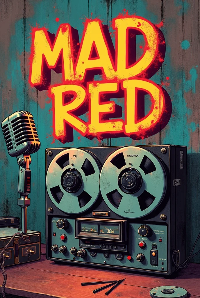 Create an illustration, old tape recorder from the 80s, Graffiti that says Mad Red, a microphone and elements of an old recording studio