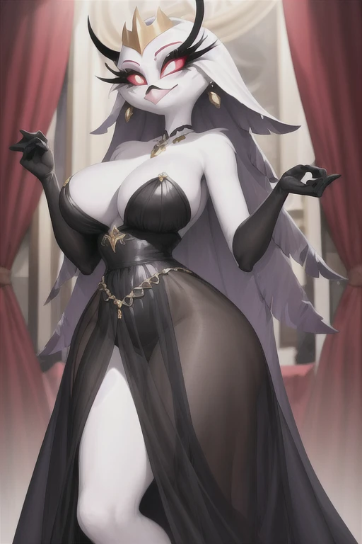 (best quality, masterpiece:1), furry female anthro stella, owl, portrait,, closed mouth, smile, wide-eyed, white pupils, black dress, black gloves, blue dress, cape, earrings, fangs, hair ornament, jewelry, long dress, necklace, see-through