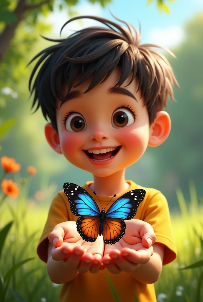 A boy catch the butterfly and his face is so happy