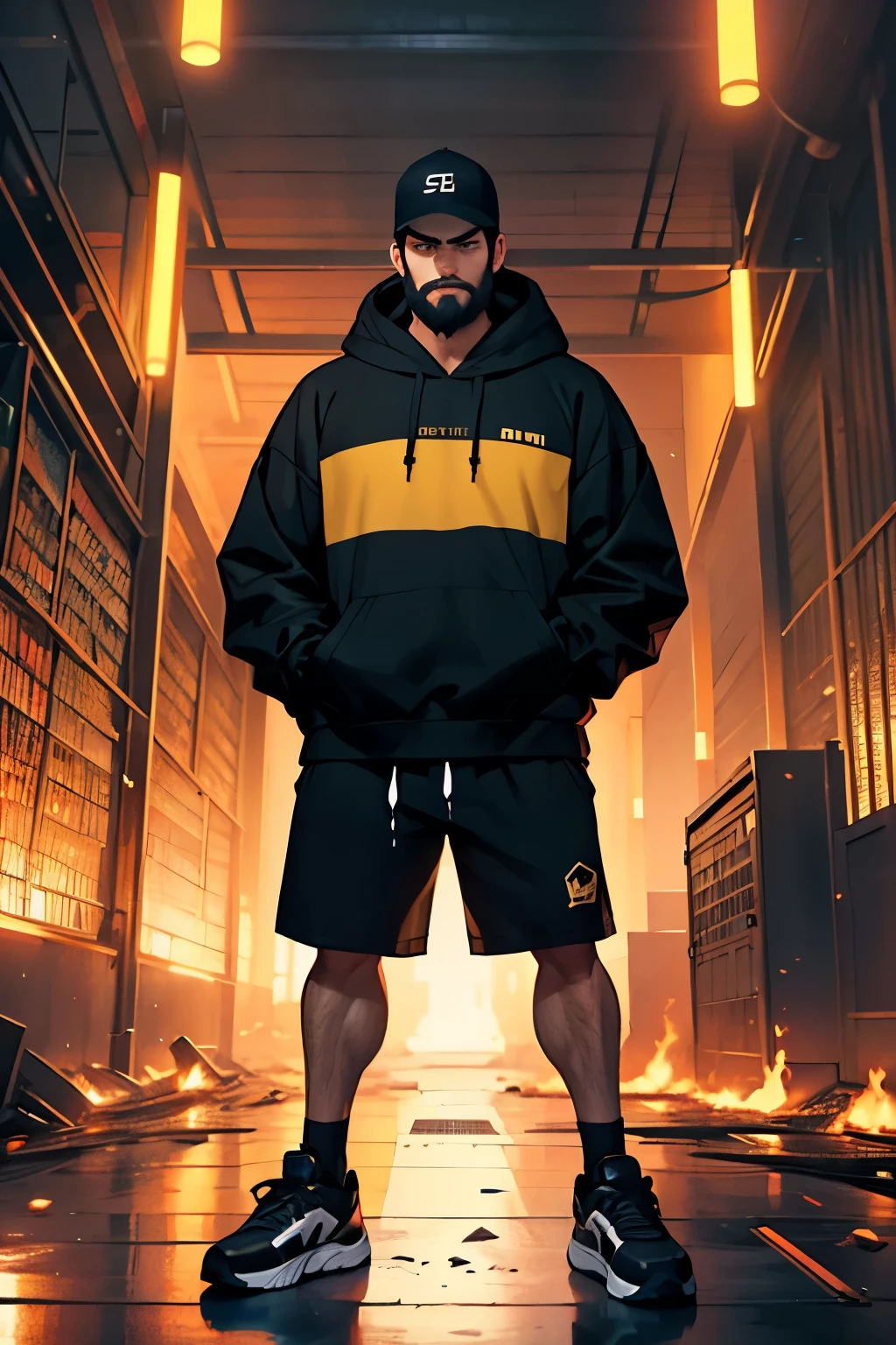 Head-to-toe full body frame, tall Hispanic man, black hair, short hair, full beard, frown, broad shoulders, thick arms, toned, wide hips, long legs, muscular legs, black ball cap with parental advisory logo, black hoodie, long black shorts, black and yellow high-top sneakers, open stance, arms crossed, intense pose, background is a library on fire, burning books on the floor, dark room, covered in flames
