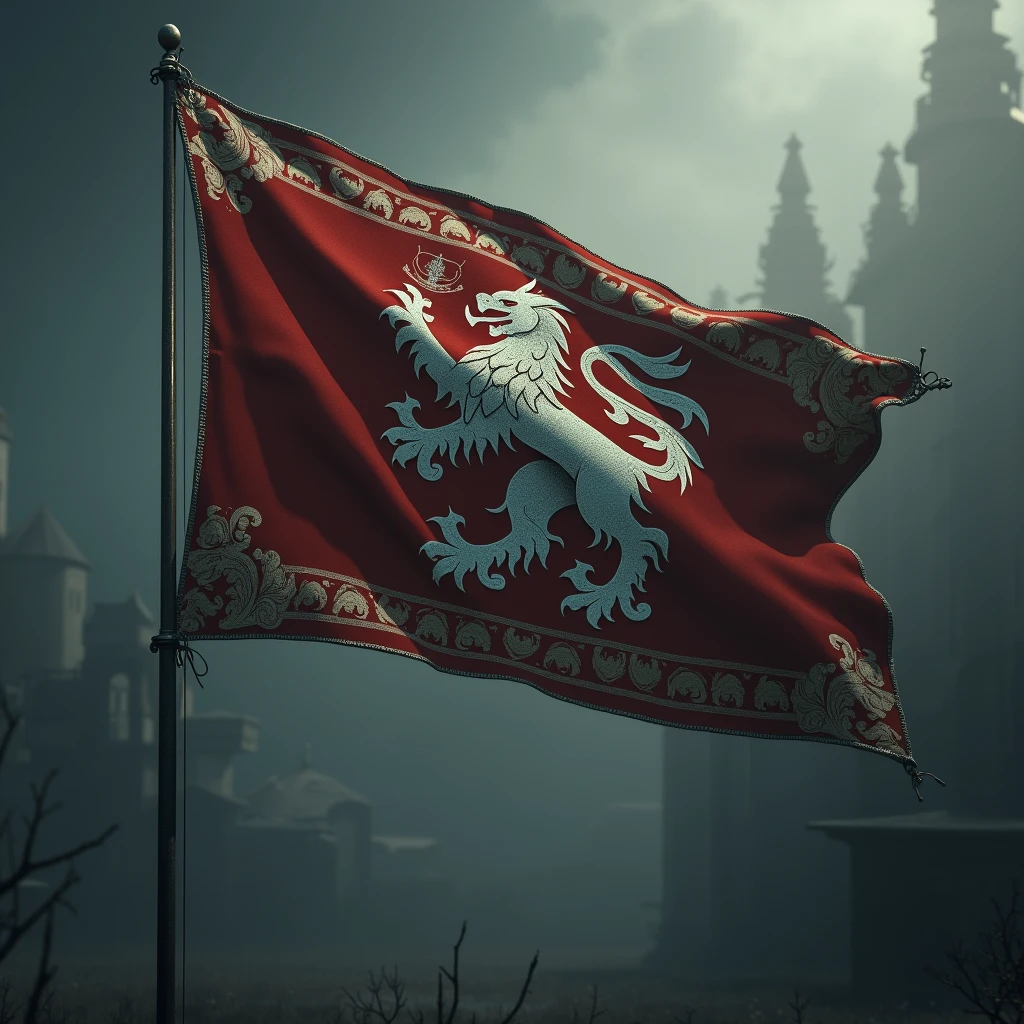 a large fluttering flag with the coat of arms of a griffin, intricate heraldic design, rich textures, dramatic lighting, cinematic composition, muted color palette, fantasy medieval style, detailed heraldic elements, ornate border, realistic rendering, high quality, 8k, cinematic lighting, volumetric fog, photorealistic
