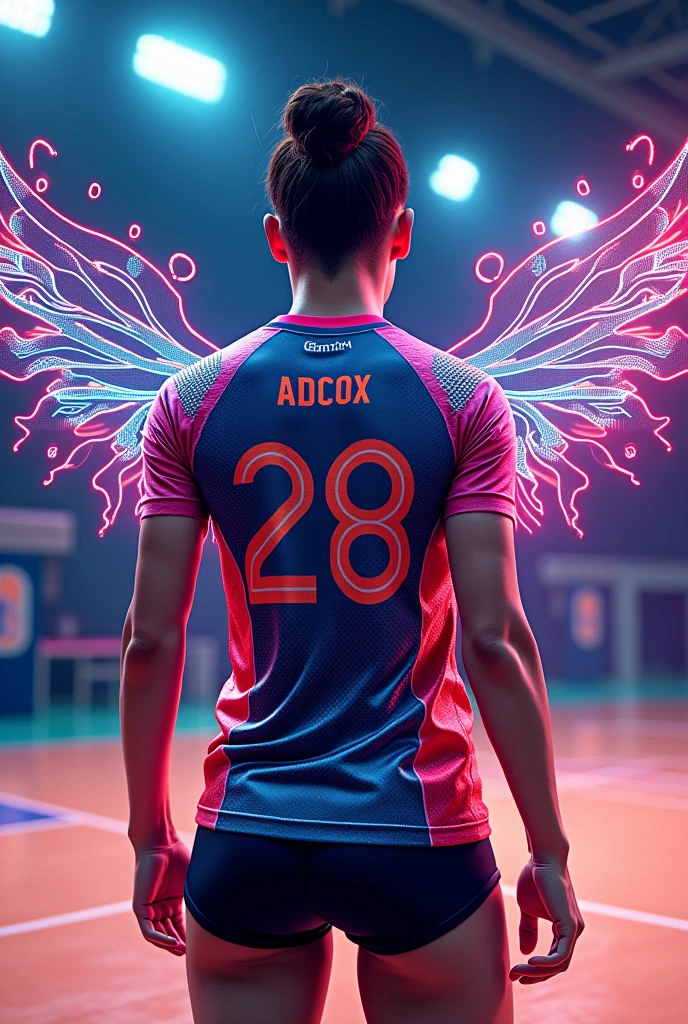 Volleyball uniform with the name genmix on the front along with a dna design in the background, winged that shows the back of the uniform with the name “adcox” above and the number 28 below