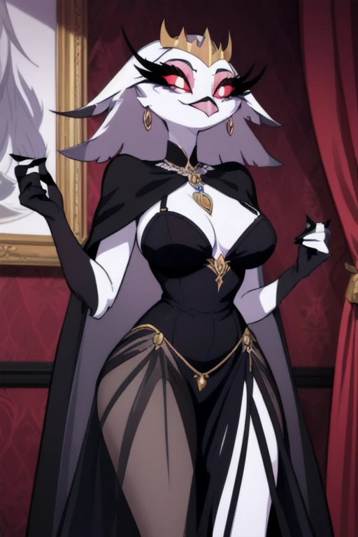 (best quality, masterpiece:1), furry female anthro stella, closed mouth, smile, wide-eyed, white pupils, black dress, black gloves, blue dress, cape, earrings, fangs, hair ornament, jewelry, long dress, necklace, see-through, 1girl, Solo,