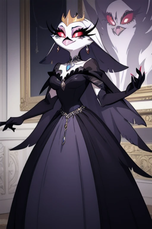 (best quality, masterpiece:1), furry female anthro stella, owl, portrait,, closed mouth, smile, wide-eyed, white pupils, black dress, black gloves, blue dress, cape, earrings, fangs, hair ornament, jewelry, long dress, necklace, see-through