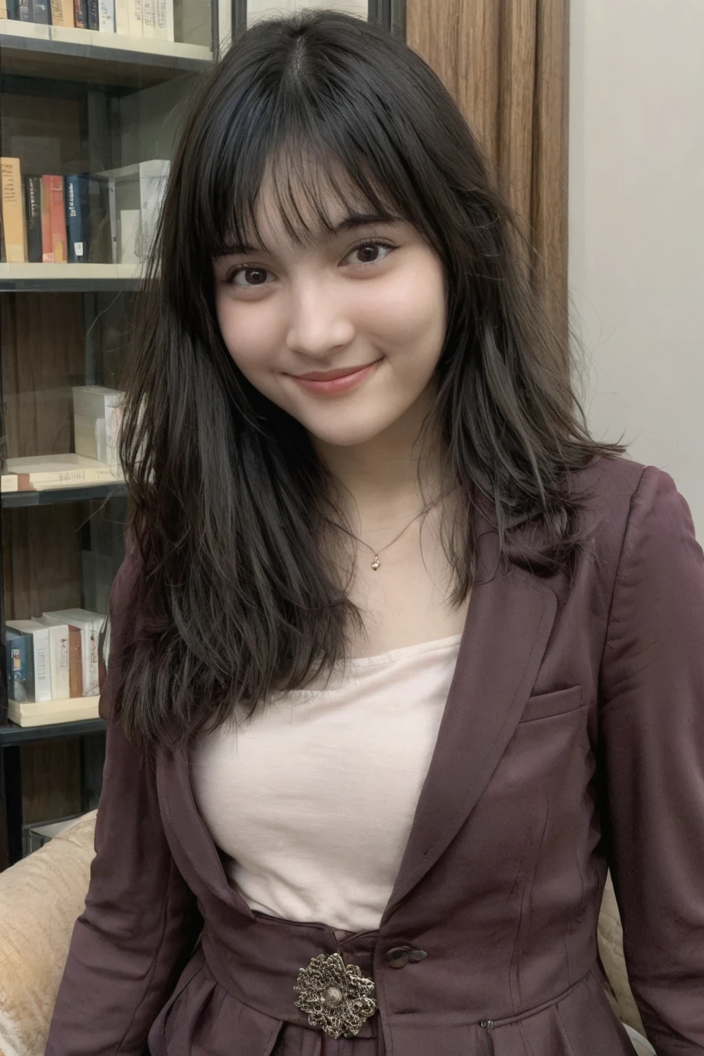 A high-resolution, wide angle shot, 4K portrait of a beautiful 20-year-old woman with a happy smile, detailed skin, and clear eyes. 
She has long, messy black hair with bangs and dark brown eyes with slight dark circles, looking at viewer. 
The image features natural, soft lighting with a low contrast and film grain effect. 
She has perfect shaped medium breast. 
She is dressed in Plum Peplum Blazer with Leather Accents
Description: A plum peplum blazer with black leather accents on the lapels and pockets. The blazer is tailored with a cinched waist and a peplum flare, combining structure with a hint of edginess.
Accessories: Pair with a black camisole, black tailored pants, black heels, and silver drop earrings.
Sitting in A private office with a large desk, ergonomic chair, bookshelves, and a window for natural light. 
The composition emphasizes ultra-detail, sharp focus, and vivid colors, with HDR and UHD quality, capturing a whimsical and dreamy aesthetic with a bokeh background. Looking at viewer