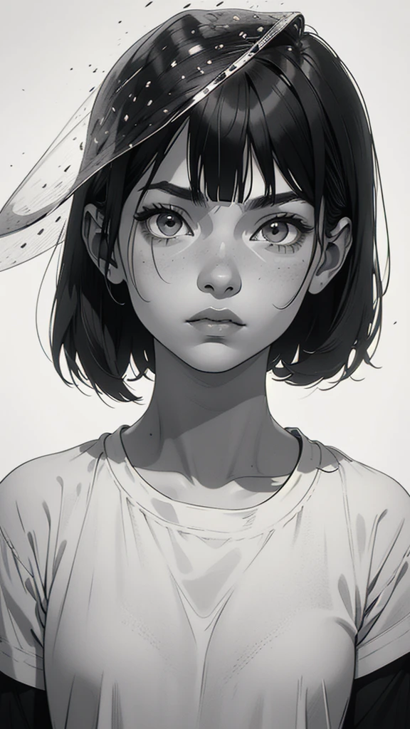 1 boyish girl, solo, sharp eyes, monochrome, greyscale, short black hair, portrait, white T-shirt, Thin eyebrows, closed mouth, looking at viewer, graphite \(medium\), detailed lips, hatching \(texture\), without makeup, bangs, upper body, (best illustration), (best quality), (very detailed), (masterpiece), expressionless,