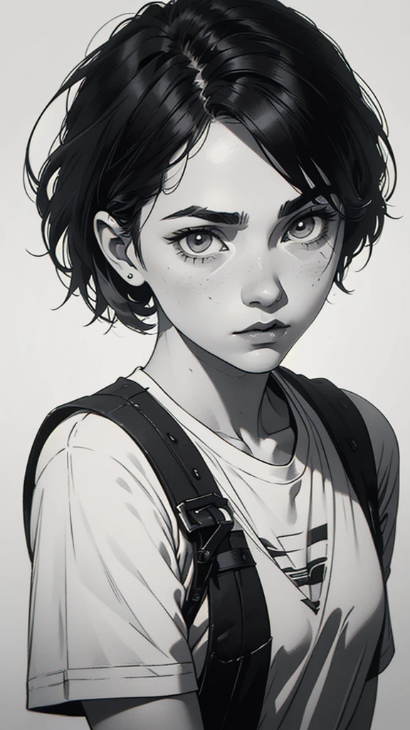 1 boyish girl, solo, sharp eyes, monochrome, greyscale, short black hair, portrait, white T-shirt, Thin eyebrows, closed mouth, looking at viewer, graphite \(medium\), detailed lips, hatching \(texture\), without makeup, bangs, upper body, (best illustration), (best quality), (very detailed), (masterpiece), expressionless,