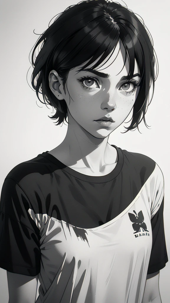 1 boyish girl, solo, sharp eyes, monochrome, greyscale, short black hair, portrait, white T-shirt, Thin eyebrows, closed mouth, looking at viewer, graphite \(medium\), detailed lips, hatching \(texture\), without makeup, bangs, upper body, (best illustration), (best quality), (very detailed), (masterpiece), expressionless,