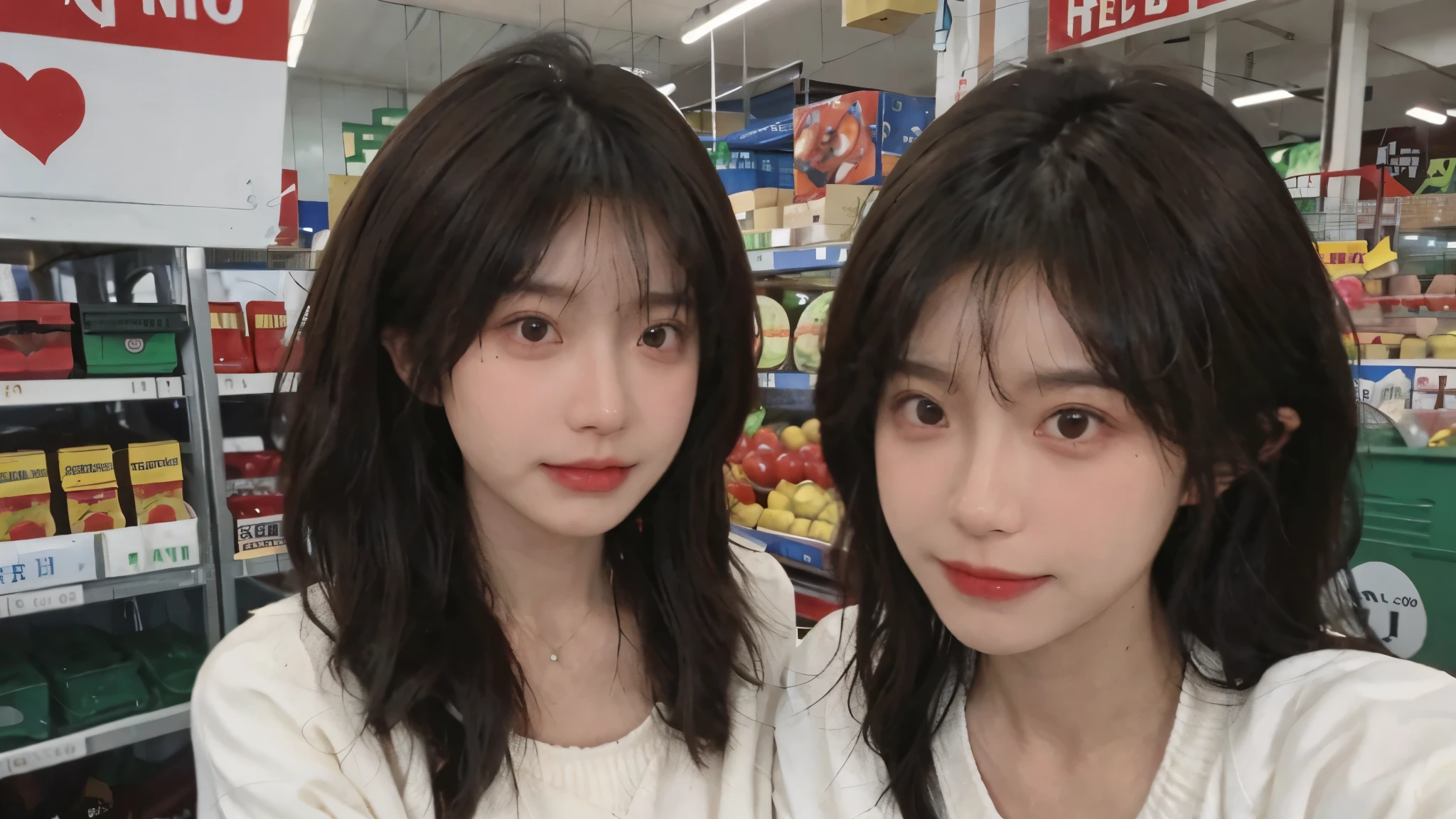 Best quality,Ultra-high resolution,(Realism:1.4),Cute hairpins,Baoyu Girl,1 Girl,Red short sweater,Beautiful woman with a slim figure:1.4,Abdominal muscles:1.1,(Brown hair,Mid-chest:1.3),supermarket,Super delicate face,Exquisite eyes,Double eyelids,make faces,necklace