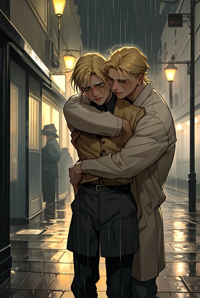two men, the shorter one with blond hair and the taller one with dark hair, hugging each other in the rain crying, clothes from the thirties, night, old streets