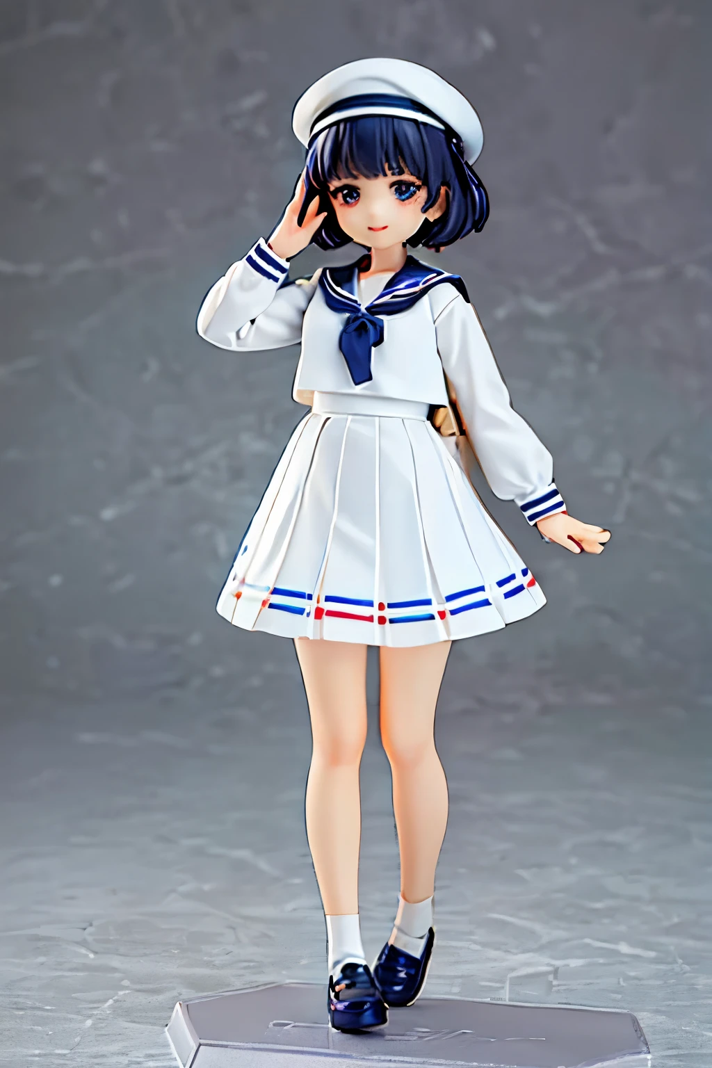 (Porcelain Doll)、(Ceramic figure)、(One adult woman:1.2、Naval cadet)、(Dignified standing figure)、(Show your whole body)、(Smaller head:1.2)、Detailed facial depiction、A kind smile、Short Hair、White Beret、(White Sailor Suit Dress)、Navy blue sailor collar、(White long skirt:1.2)、Pleated skirt、shoes、loafers、Vintage、Classic、((Watercolor of singer Sargent))、Blur the background、((No background))、((White Background))、((A plain background))、(No logo)、(Highest quality、High resolution、masterpiece)、3d、4K、wallpaper、
