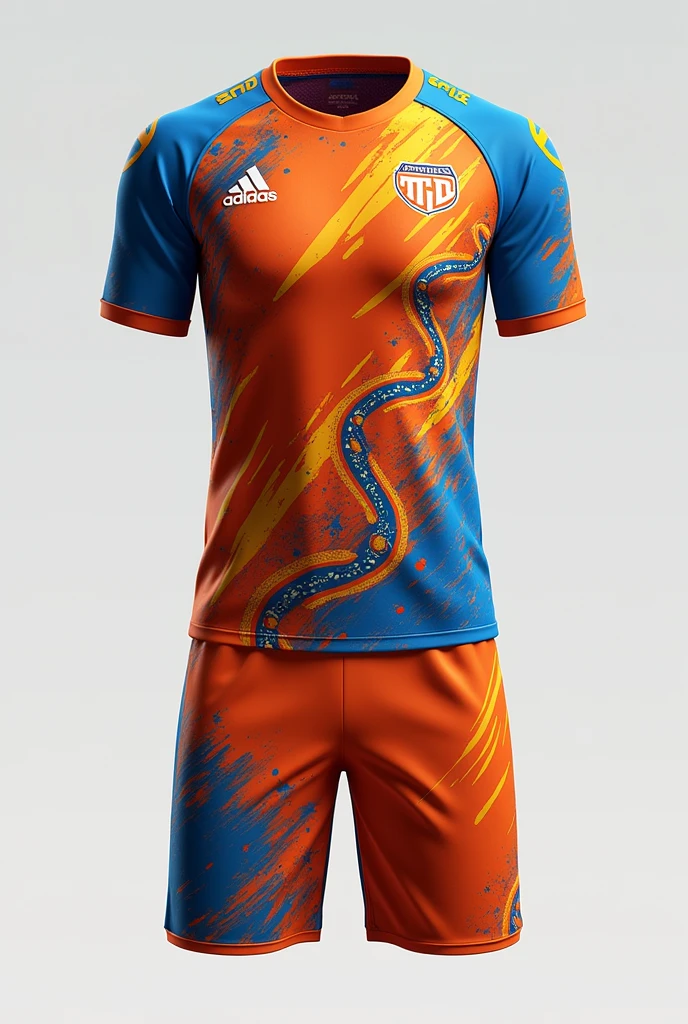 Can you create a uniform design for a volleyball team? , containing orange colors with a bit of fire and light blue , that has DNA or gene designs and a volleyball ball .