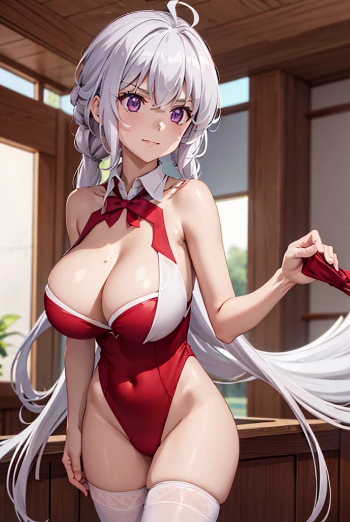 ((masterpiece)), ((Best quality)), (high resolution), (illustration), (an extremely delicate and beautiful), (ultra detailed beautiful face and eyes), nsfw,   1girl, leaning forward,  YukineChris, long hair, purple eyes, twintails, low twintails, ahoge, large breasts,  fishnet pantyhose, red a bow tie,  volumetric lightning, 
detailed skin texture, detailed, volumetric shadow, anime screencap,Highest quality, Sorceress, ancient babylonian nobility, ((tan skin:1.2)), (brown skin color),Long hair, twin braids, hair ornament, wine colored hair, smile, Below average size breasts, bare shoulders, (underboob:0,Red leotard)clothes get torn、Cross your arms、Wide-open legs、Standing with your legs apart、front、Leg spread、Groin、Elevate your legs、Knight uniform、Two Piece、Yukine Chris、Senki Zesshou Symphogi 8K, masterpiece, Best_quality, high_resolution, ultra_details, detailed, 1girl, 独奏, looking_at_viewer, upper_body, braid, blurry, bangs, white_hair, blurry_background, collared_shirt, church, red_dress、hair_ribbon, hair_between_eyes, outdoor、wood、sidelocks,depth_of_field,light_particles,sunshine,snow,temple knight、french_braid, Alphonse Mucha Style, sharp focus, perfect hands, perfect face, perfect eyes, perfect light, dynamic light, natural light, Masterpiece, Best quality, 