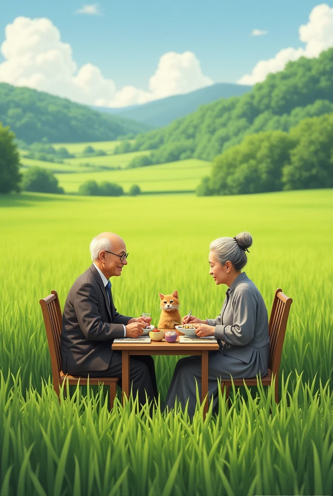 ((best quality)), ((Masterpiece)), (details), perfect face. Grandparents sit and eat in a rice field with a cat.
