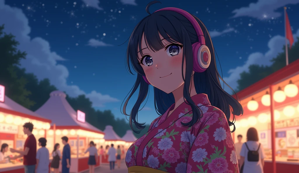 Perfect image, 8k、summer、night、high school girl、Mature、Big Breasts、yukata、looks fun、smile、Using headphones、festival、stall、 2D-style animation, Lo-Fi、Retro、Emotional、Anime style illustrations