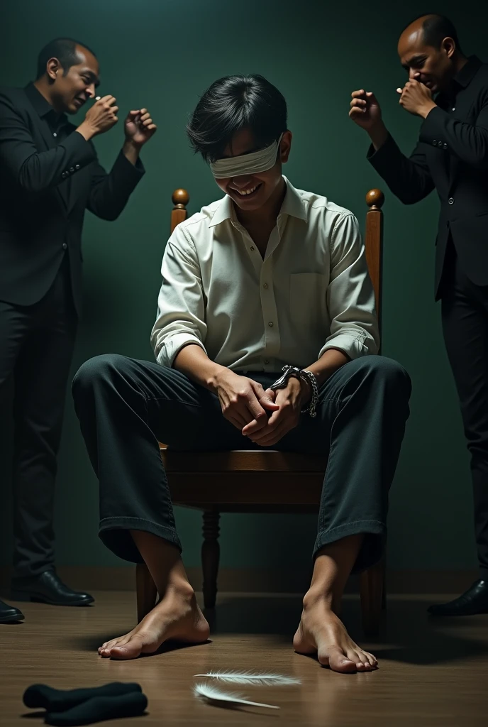 Handsome malay Zarul 22years lawyer
1 man Rub his feet
He laugh
Focus 5toefeet
Shoeless
Hand Handcuff wooden chair
blindfolded
feather on floor
Pair of Blacksock on floor
2 mafia pinch their nose