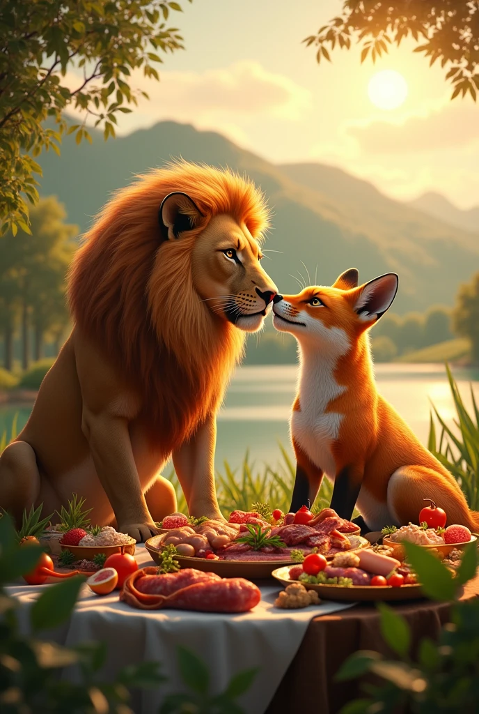 **Lion and Fox Eating Together**: The lion and fox sharing a meal, highlighting the newfound alliance and camaraderie.