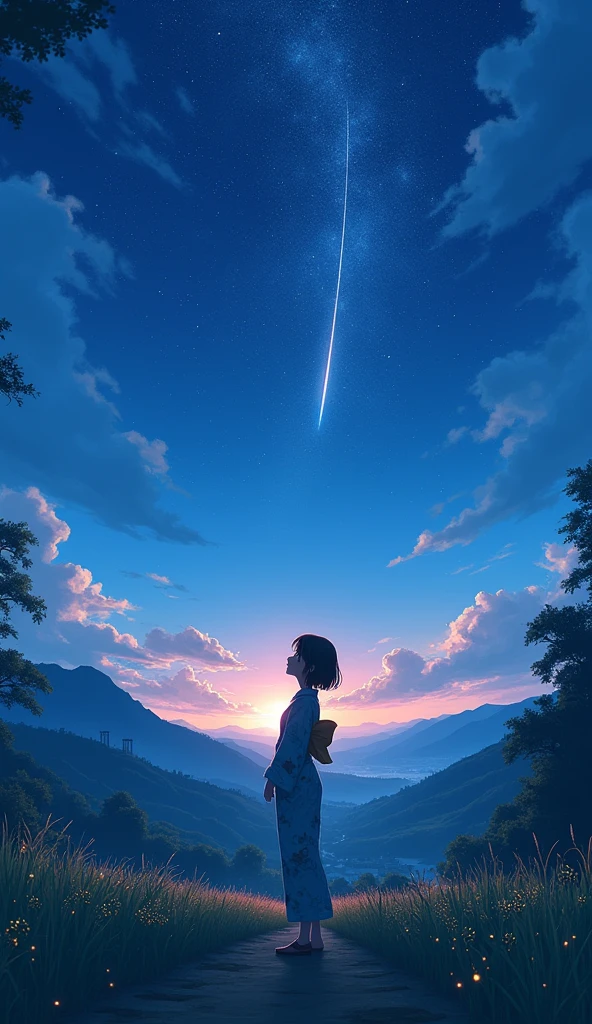 The beautiful starry sky of the Japanese countryside Makoto Shinkai style shooting star The Girl in the Middle Shortcuts yukata
