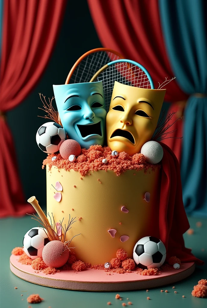 I want a one-tier cake with a representation of theater and soccer masks from comedy and tragedy, soccer balls,tennis to play soccer and a curtain
