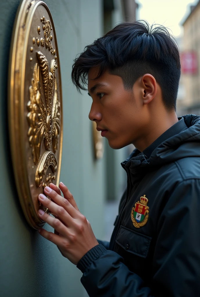 Young man looking at the shield of the Peruvian National Police