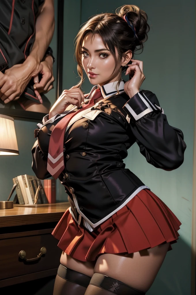 1girl, suspicious expression,(topheavy:1.2),(huge breasts:1.1), (topheavy:1.0),(bottomheavy:1.1), Joyful Victory Jump pose, (viewed from in front:1.1),beautiful face, seductive gaze, shiny skin, blush, eyeliner, eyeshadow, eyelashes, looking at viewer, Islands background , Brown eyes,( medium Aqua Braided Bun hairstyle),cinematic lighting, sunlight, volumetric, nice hands, perfect hands, zettai ryouiki, cosplayrealistic_bibleblack_schooldress_ownwaifu, pleated skirt, long sleeves, necktie, miniskirt, thighhighs, red necktie, vest, suspenders,Sexy Lawyer,22 years young, sexy lace lingerie,Classy business skirt, black blazer, white dress shirt, Tight Skirt, Reading a book at a desk, at the library, big, cleavage, perfect hands perfect fingers perfect breasts perfect fit perfect body perfect face perfect image realism detailed

