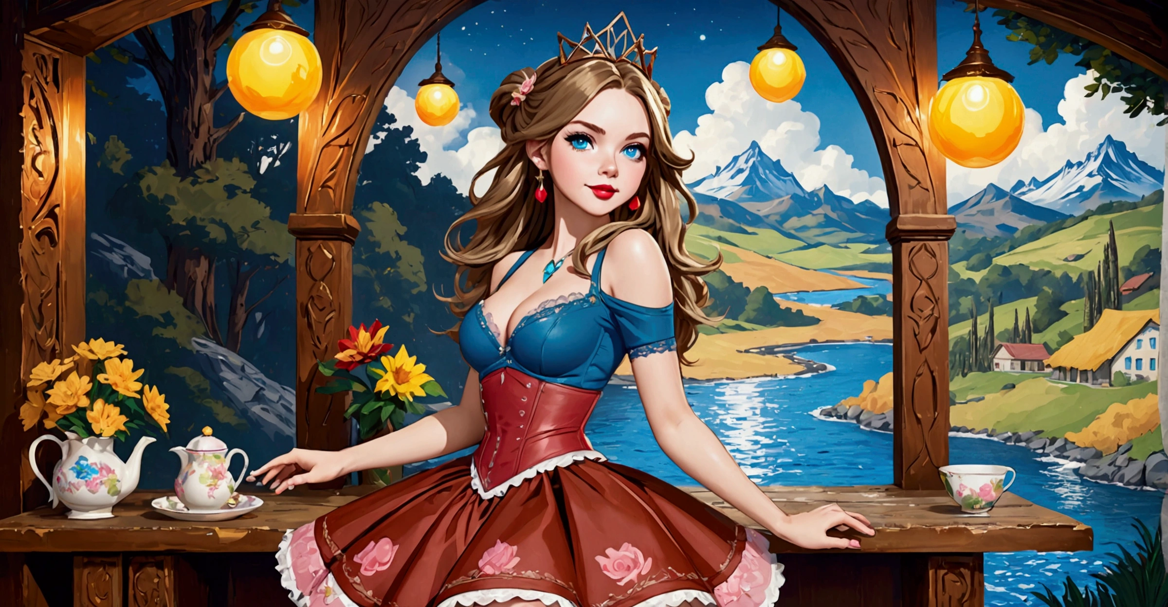 An anthropamorphic pig woman, pig nose, pig ears. extremely beautiful model, female, long blonde hair, perky breasts, cleavage,, oppulentform fitting hooped skirt, red corset, large exagerated extravagant tiara. Wide Smile, Eyes Detailed & Wide, sexy Pose. Ultra HD, Rococo-Inspired Fantasy Art With Intricate Details. Cute, dress. Charming Expression, Alluring-Gaze, looking at viewer Beautiful Eyes, An-Ideal-Figure. Large Youthful Well-Shaped-Breasts, Attractive ass showcased. Massive-Round-Bosom, Décolletage. slim waist, fit body, full lipsWarm lights , woman in a dreamy forest at night, with fluffy hair, delicate face, realistic, real, slim, large aperture, sexy shots, attractive poses,Stunnin gly beautiful merge of , Sydney Sweeney Scarlett Johanson, . symmetrical face, photorealistic, photography, path tracing, specular lighting, volumetric face light, path traced hairmaximum quality{(masutepiece) (8K High Resolution) (top-quality)