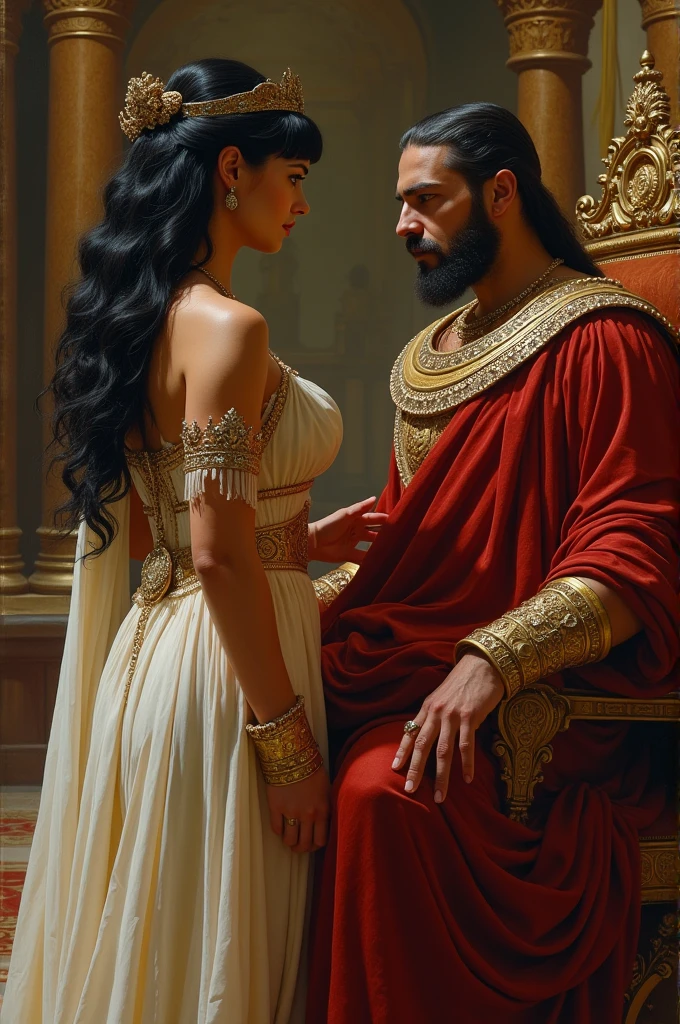 Cleopatra with white skin and straight black hair, next to the emperor sitting on the throne.
