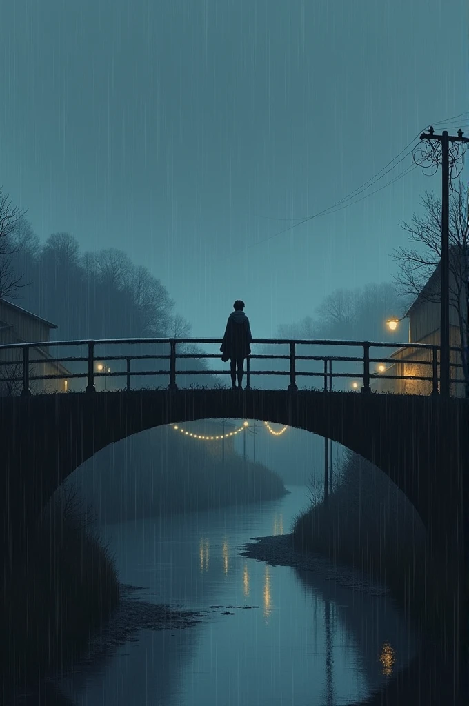 Bridge in the rain outside a small town with a boy about to jump off