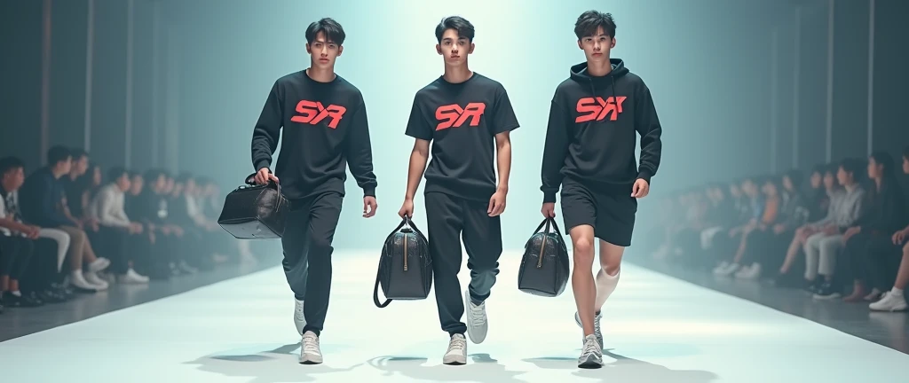 (photorealism:1.2), Three sportwear fashion handsome 18 yrs. old, k pop Asian male model, runway show full body holding sports bag pack, tank top casual wear style, SXR logo design, ultra-detailed, film photography, light leaks, trending on sportwear, sharp focus, studio photo, futuristic details, highly detailed