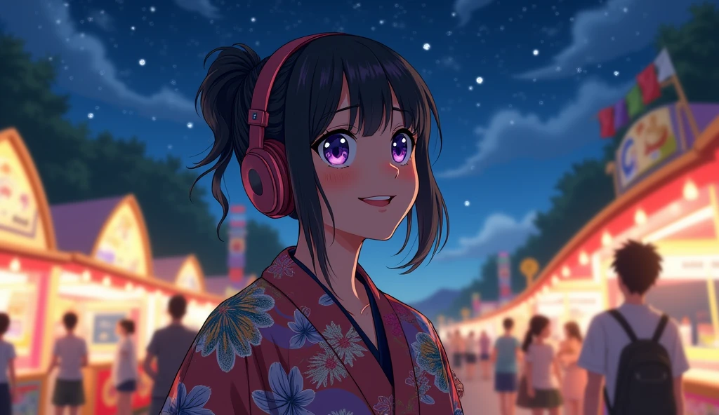Perfect image, 8k、summer、night、high school girl、Mature、Big Breasts、yukata、looks fun、smile、Using headphones、festival、stall、 2D-style animation, Lo-Fi、Retro、Emotional、Anime style illustrations