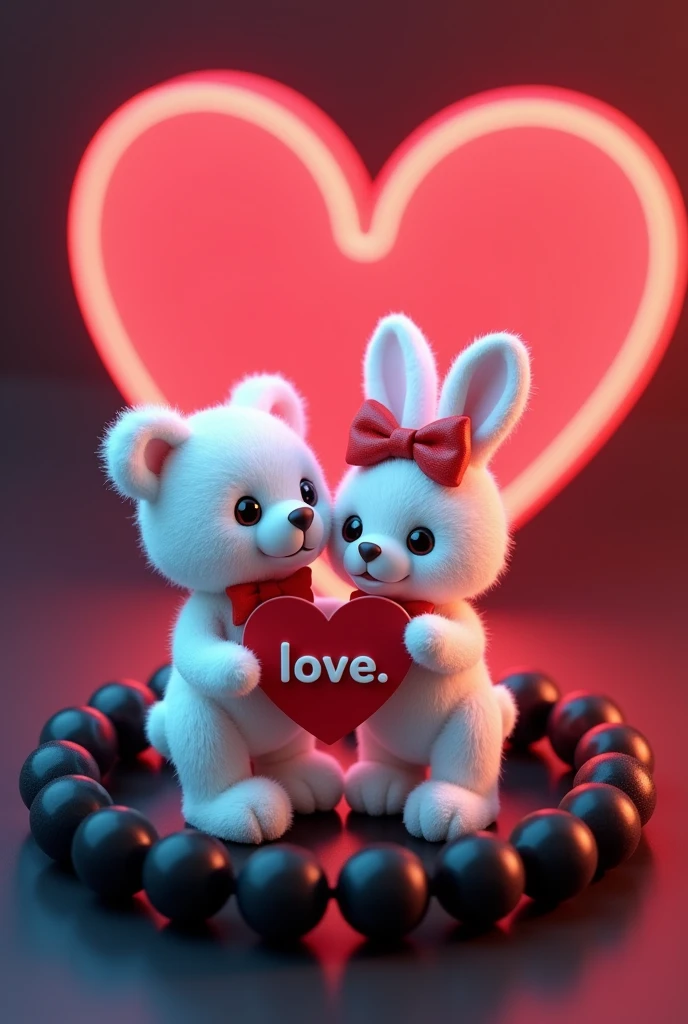 A 3D render of a white teddy bear and a white bunny rabbit wearing a red bow holding a red heart "A love A" written on it in Capital alphabets, are standing in a black beaded bracelet. The bracelet is sitting on a dark red and blue surface with a neon red heart shape in the background.  The image is in the style of a cute cartoon.