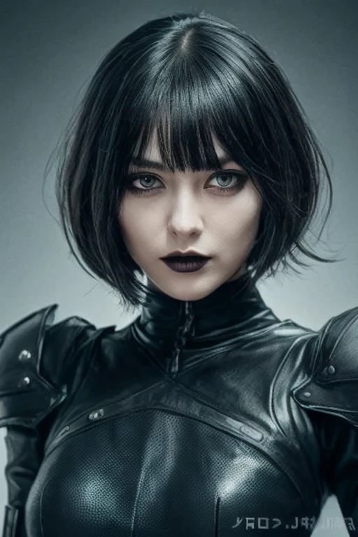 Perfect female android, short hair, straight front bangs covering the forehead to the eyebrows, Yor Forger style hair, black gothic futuristic outfit with gray details