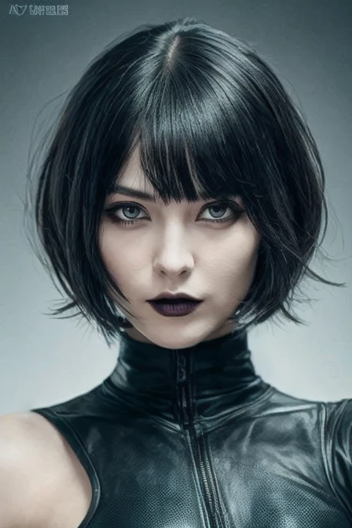 Perfect female android, short hair, straight front bangs covering the forehead to the eyebrows, Yor Forger style hair, black gothic futuristic outfit with gray details