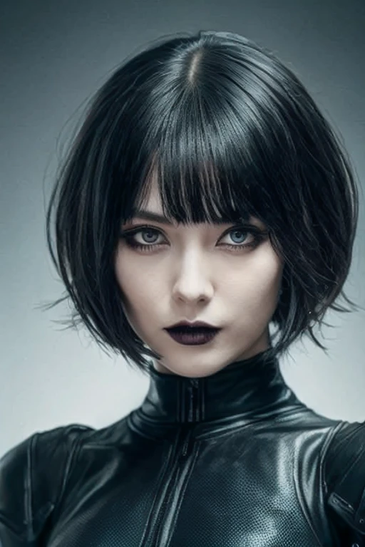 Perfect female android, short hair, straight front bangs covering the forehead to the eyebrows, Yor Forger style hair, black gothic futuristic outfit with gray details