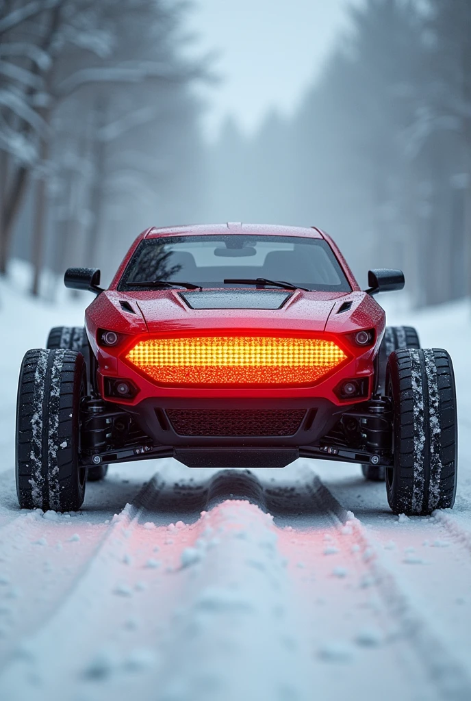 A wheeled heater with a red front due to the heat it radiates., It has 4 wheels with sports tires that look like a Ford sedan and travels at high speed on a snowy road.. very marked details
