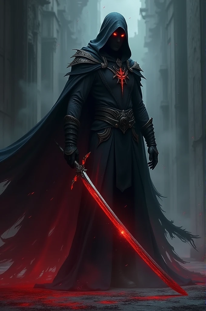 A swordsman with a blood sword in his hands and a cape covering his face and his eyes glowing bright red